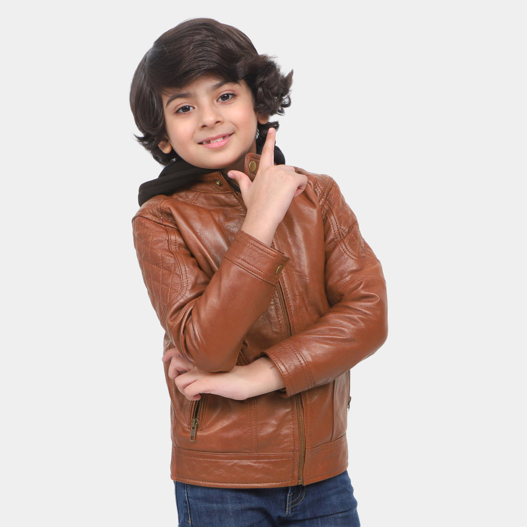 Boys Hooded Genuine Sheep Leather Jacket - Brown