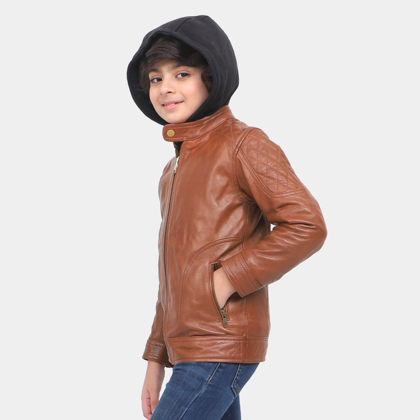 Boys Hooded Genuine Sheep Leather Jacket - Brown