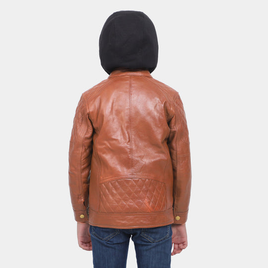 Boys Hooded Genuine Sheep Leather Jacket - Brown