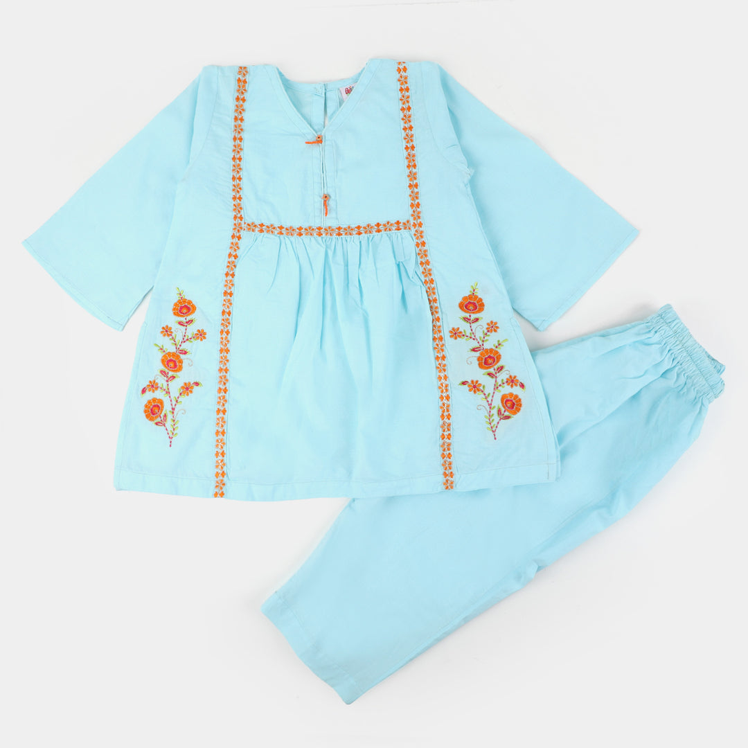 Girls Cotton 2Pcs Suit Sketch Flower - LT.Blue