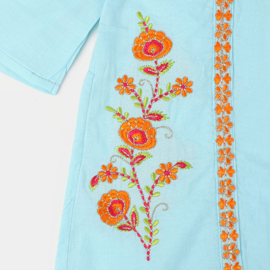 Girls Cotton 2Pcs Suit Sketch Flower - LT.Blue