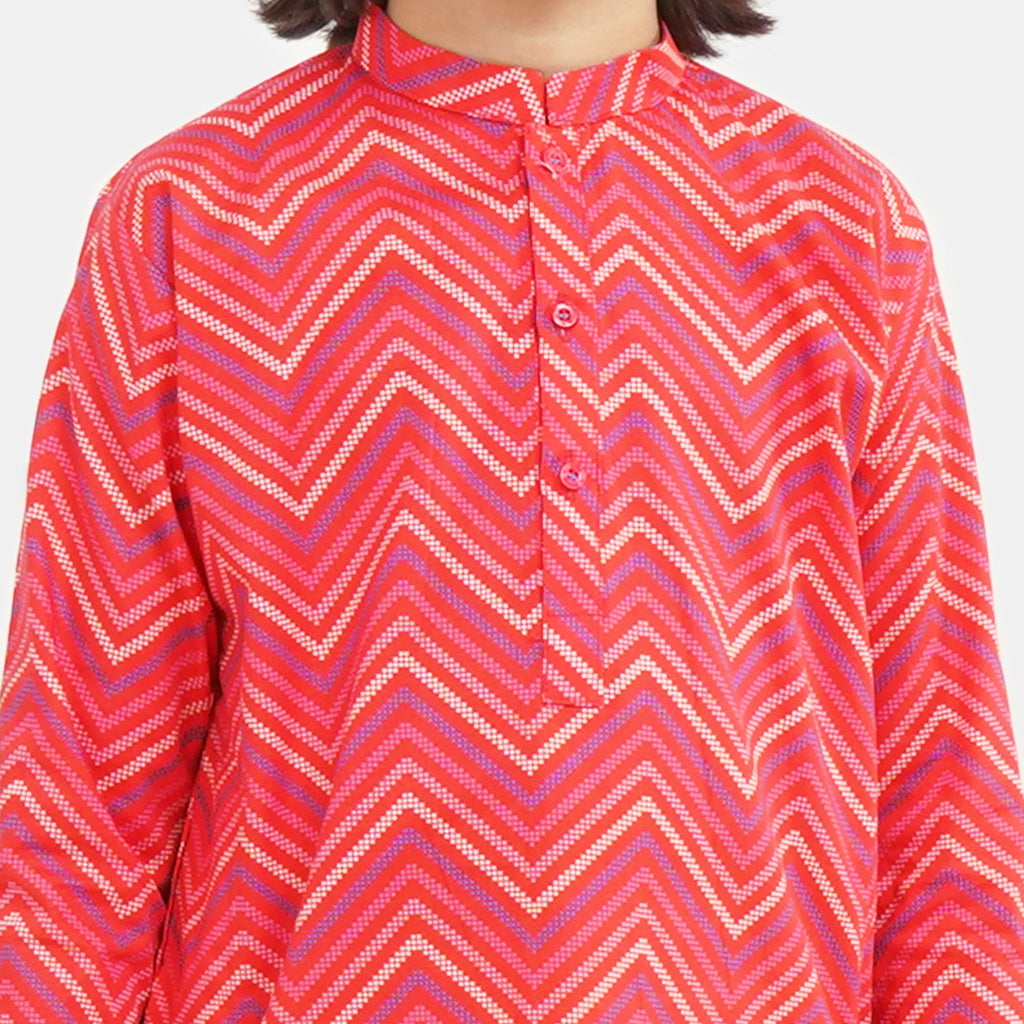 Boys Cotton Kurta Digital Print | Red