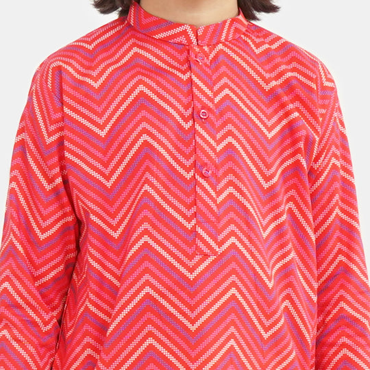 Boys Cotton Kurta Digital Print | Red