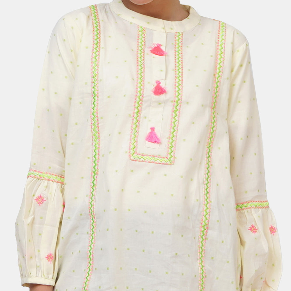 Girls Cotton Embroidered Kurti - Lime
