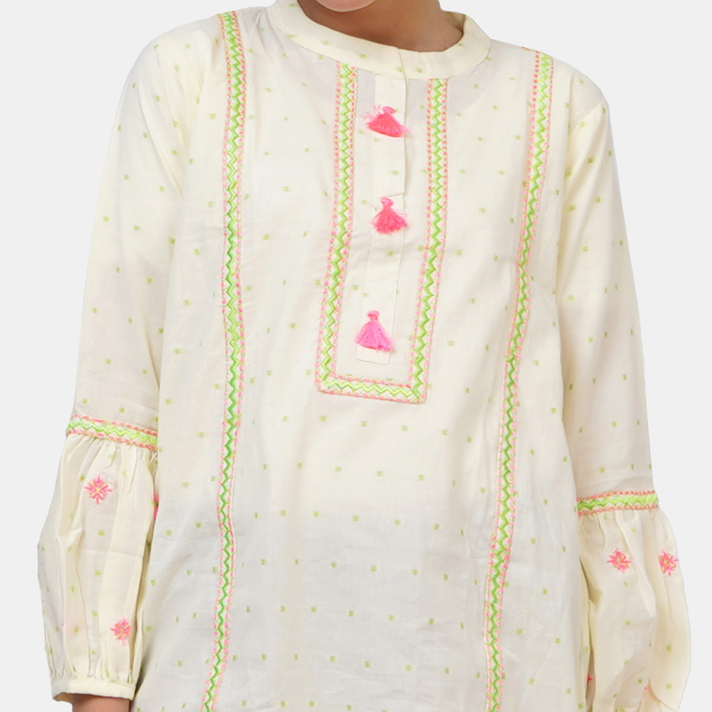 Girls Cotton Embroidered Kurti - Lime