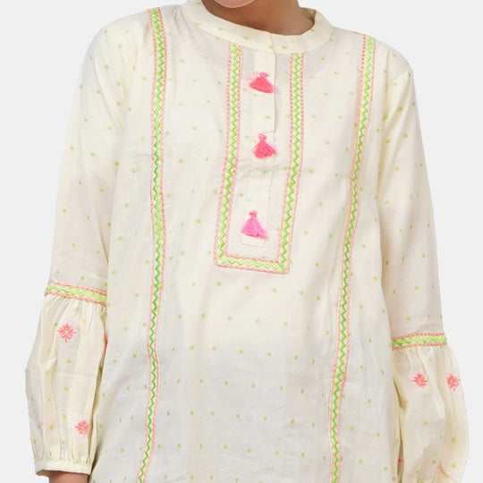 Girls Cotton Embroidered Kurti - Lime