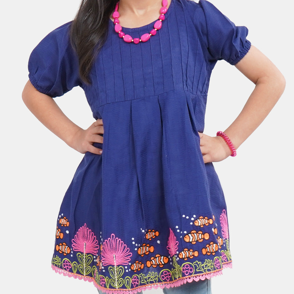 Girls Jacquard Emb Kurti Neemo |  Navy Blue