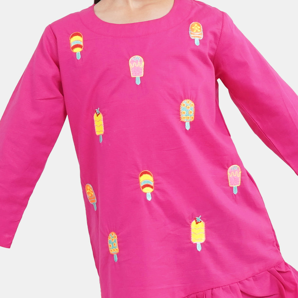 Girls Cotton Embroidered Kurti Ice Cream - Magenta