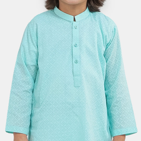 Boys Cotton Basic Kurta Burn Out - Aqua Green