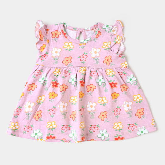 Infant Girls Knitted Frock Flower Printed  - Blushing