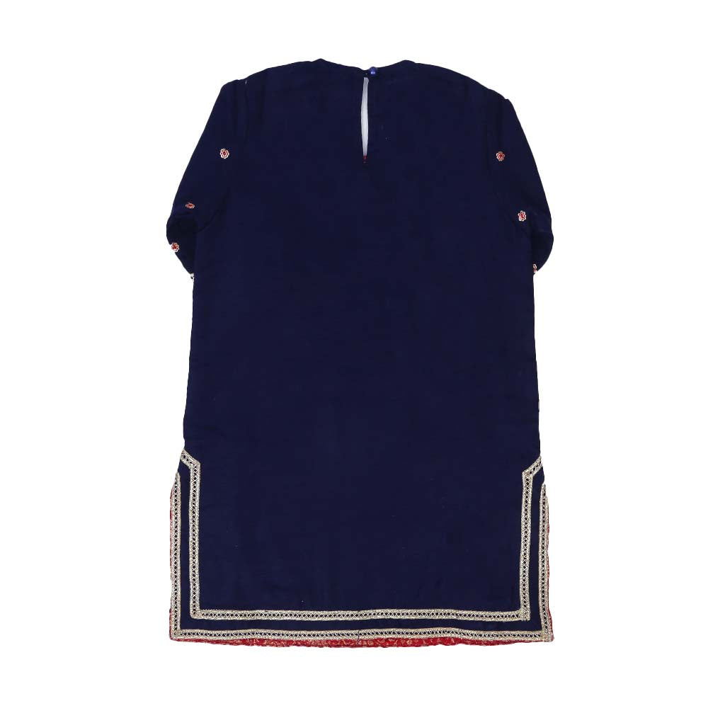 Fancy Eastern 3 PCs Suit For Girls - Navy