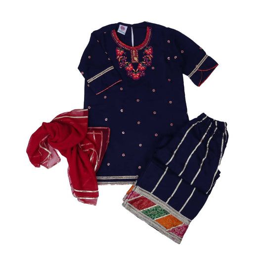 Fancy Eastern 3 PCs Suit For Girls - Navy