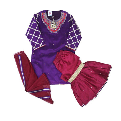 Fancy Eastern 3 PCs Suit For Girls - Plum and Purple