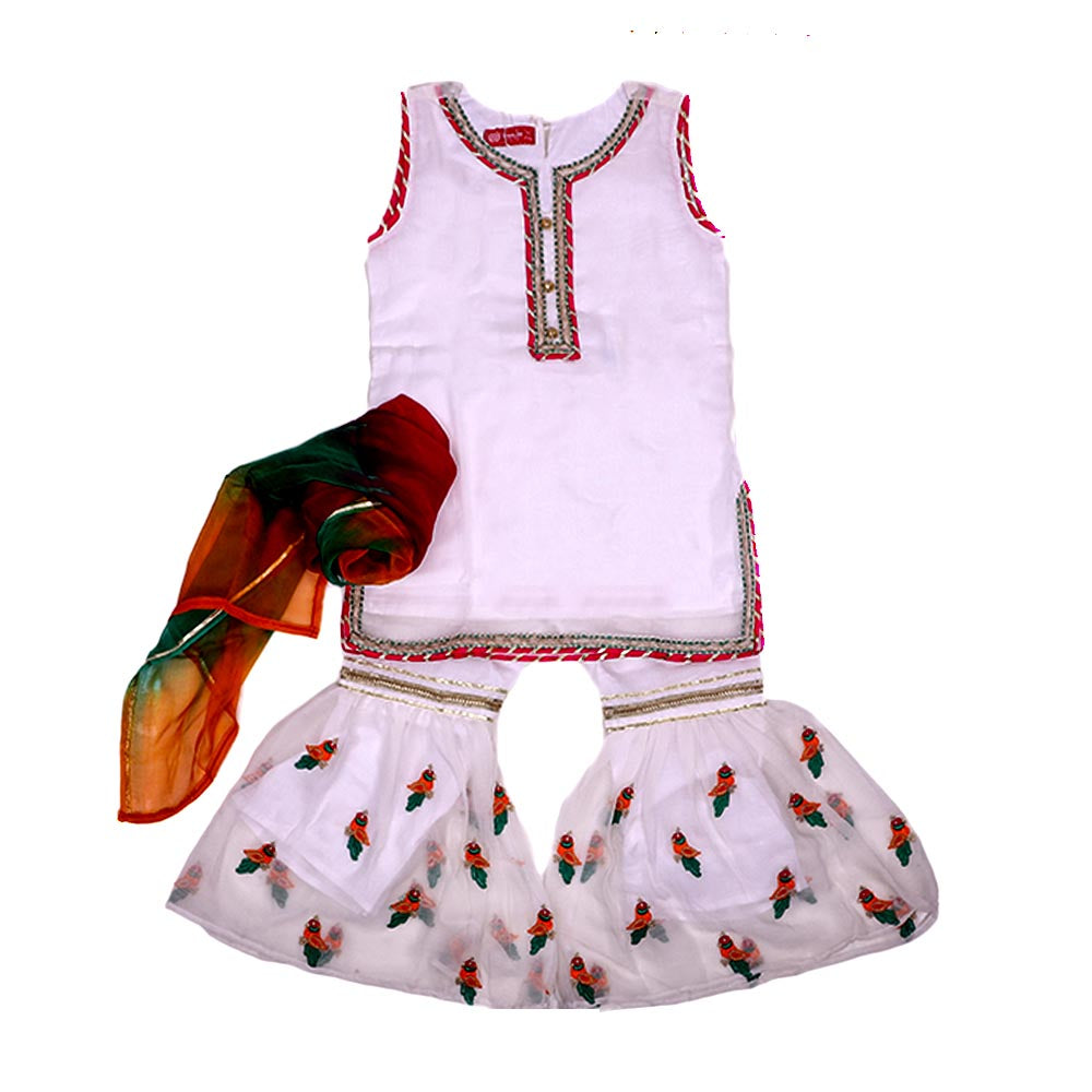 Fancy Eastern Parrot 3 PCs Suit For Girls - White