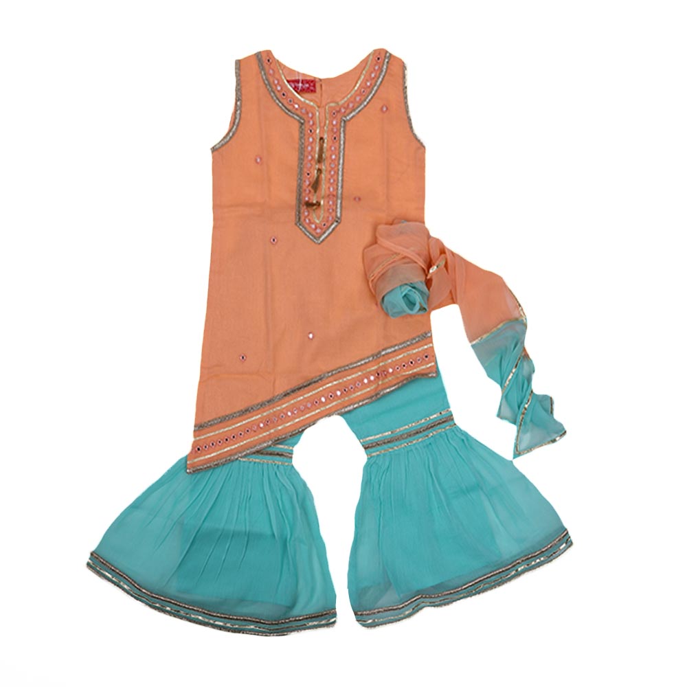 Fancy Eastern Mirror 3 PCs Suit For Girls - Ferozi/Peach