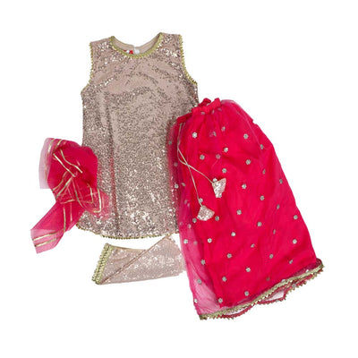 Fancy Sequin 3 PCs Suit For Girls - Pink