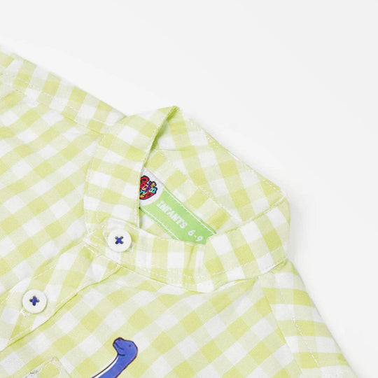 Infant Boys Cotton Casual Shirt Dino On Ride - Green Check