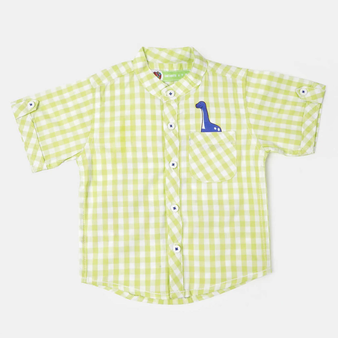 Infant Boys Cotton Casual Shirt Dino On Ride - Green Check