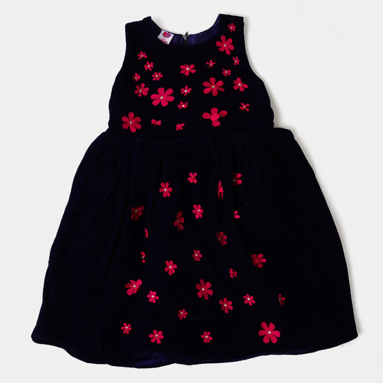 Girls Frock Fancy Velvet Flowers-Dark Purple