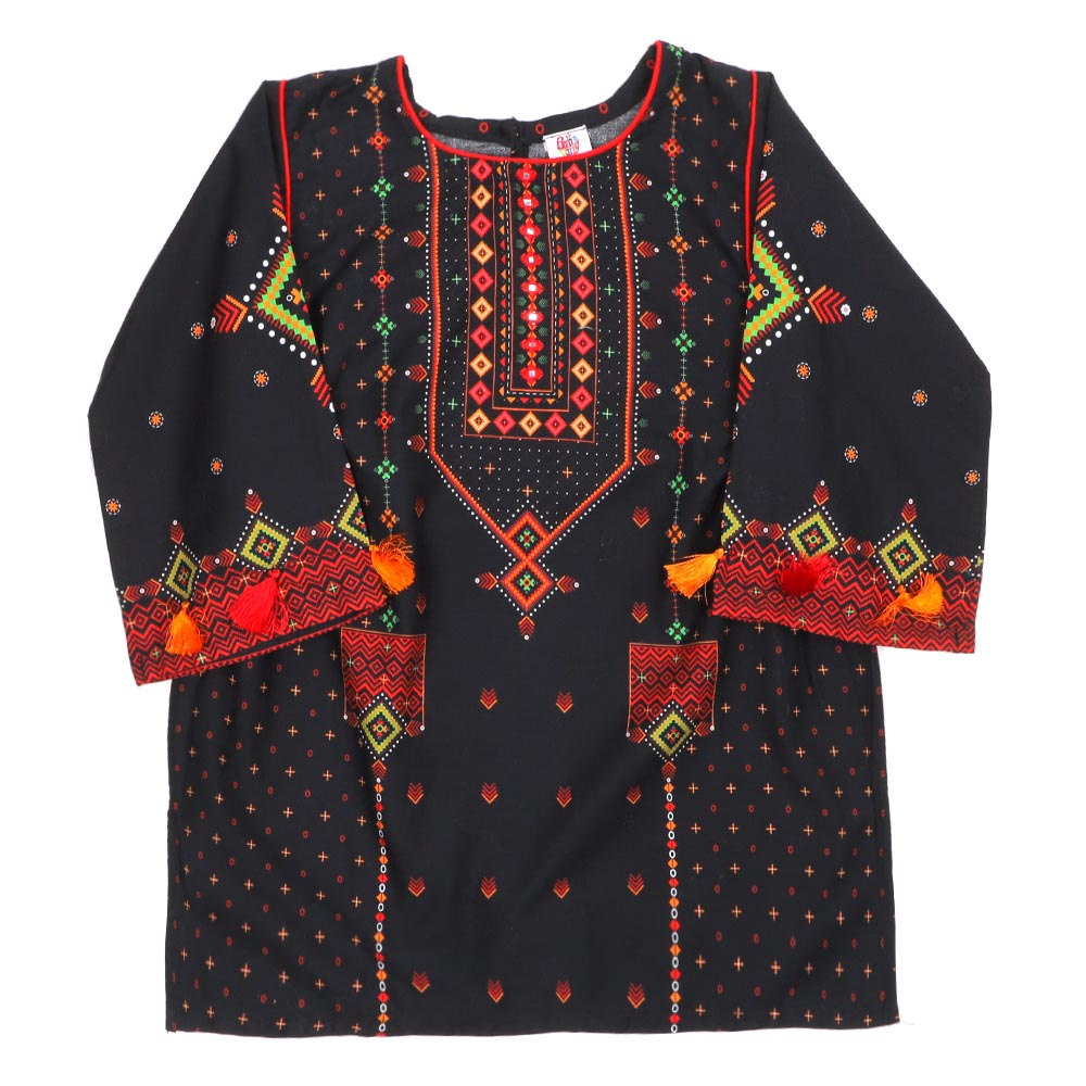 Girls Digital Print Kurti Craft - BLACK