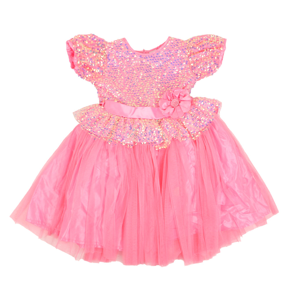 Girls Fancy Frock Sequence Flower - Pink