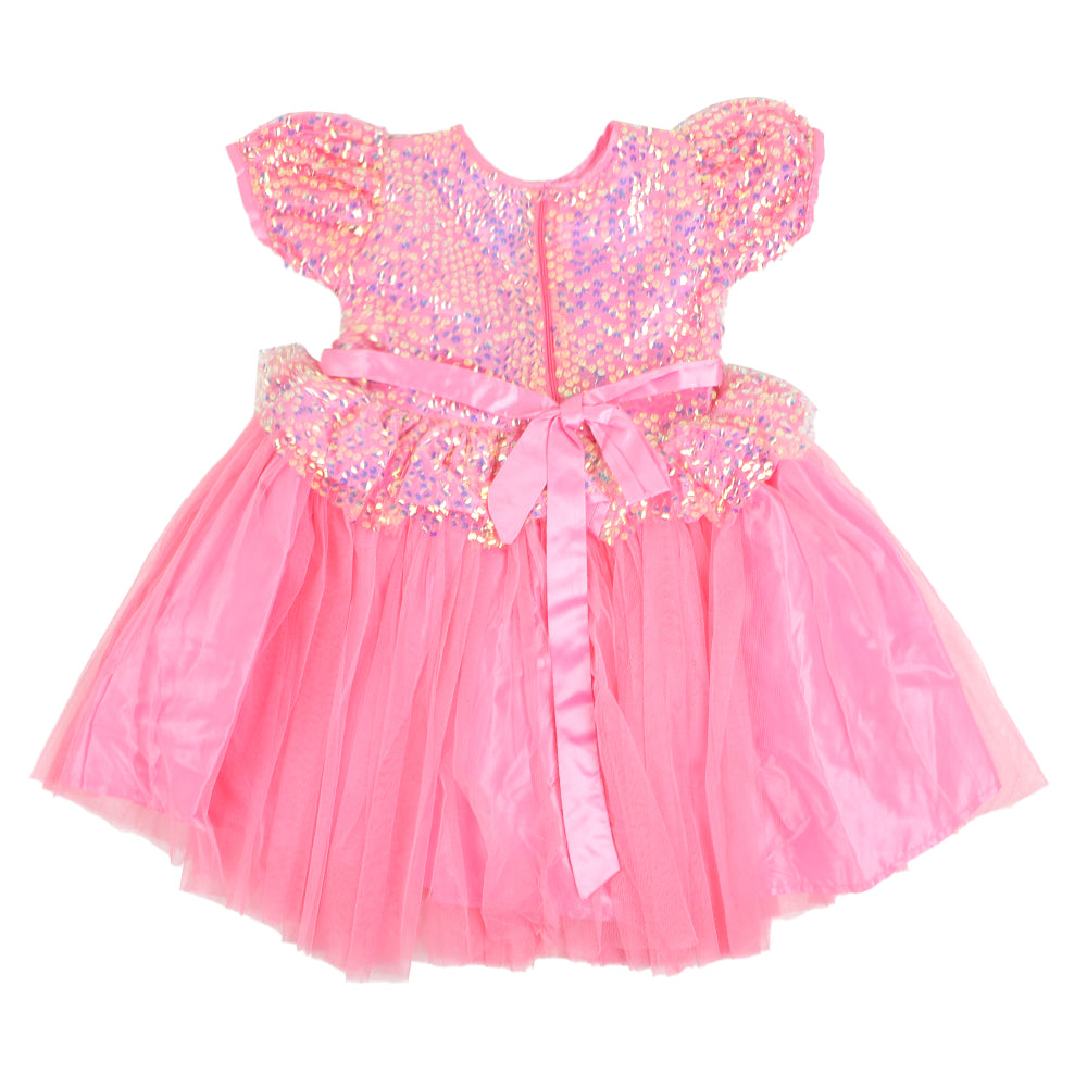 Girls Fancy Frock Sequence Flower - Pink