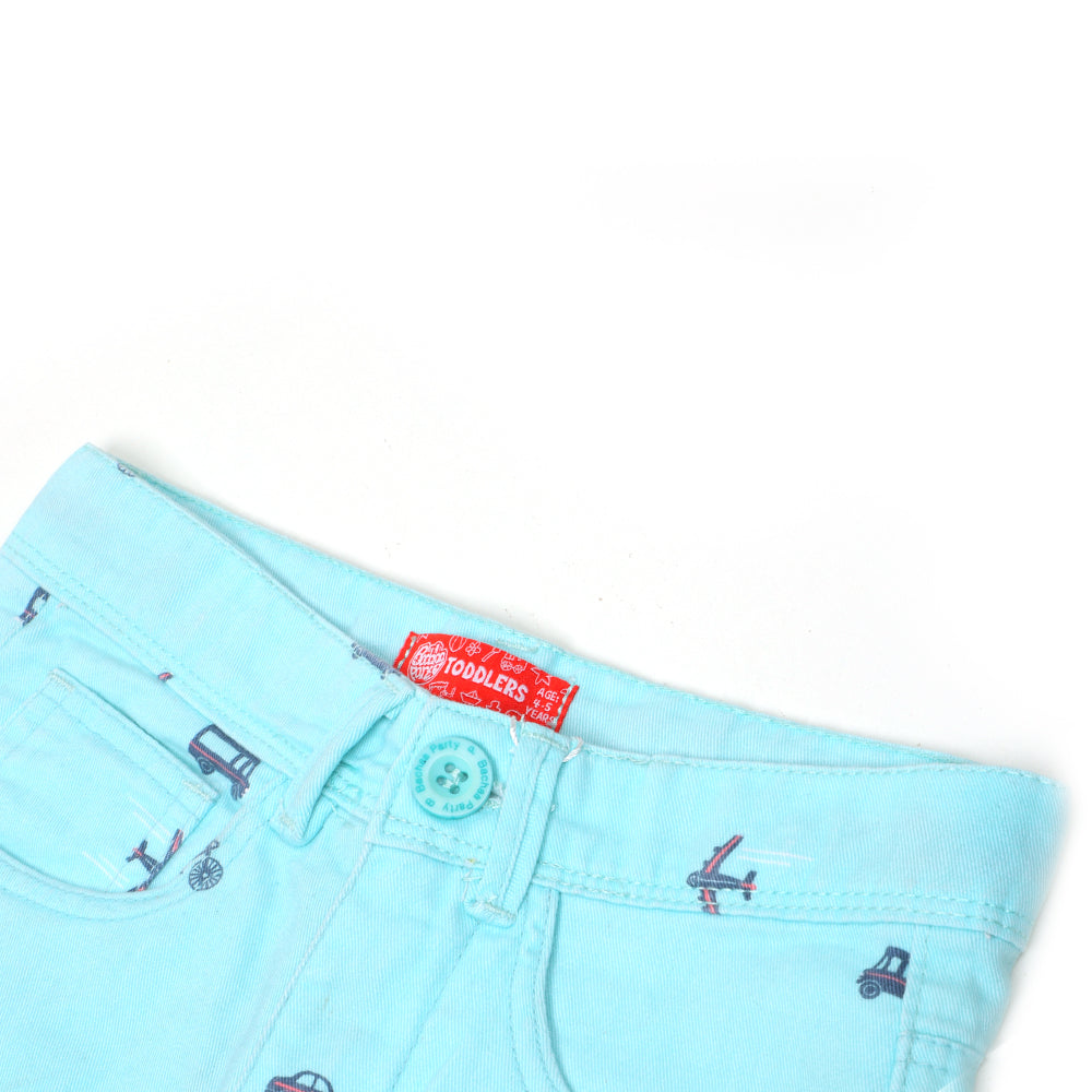 Boys Short Cotton Vehicles Print M/C - Sky Blue