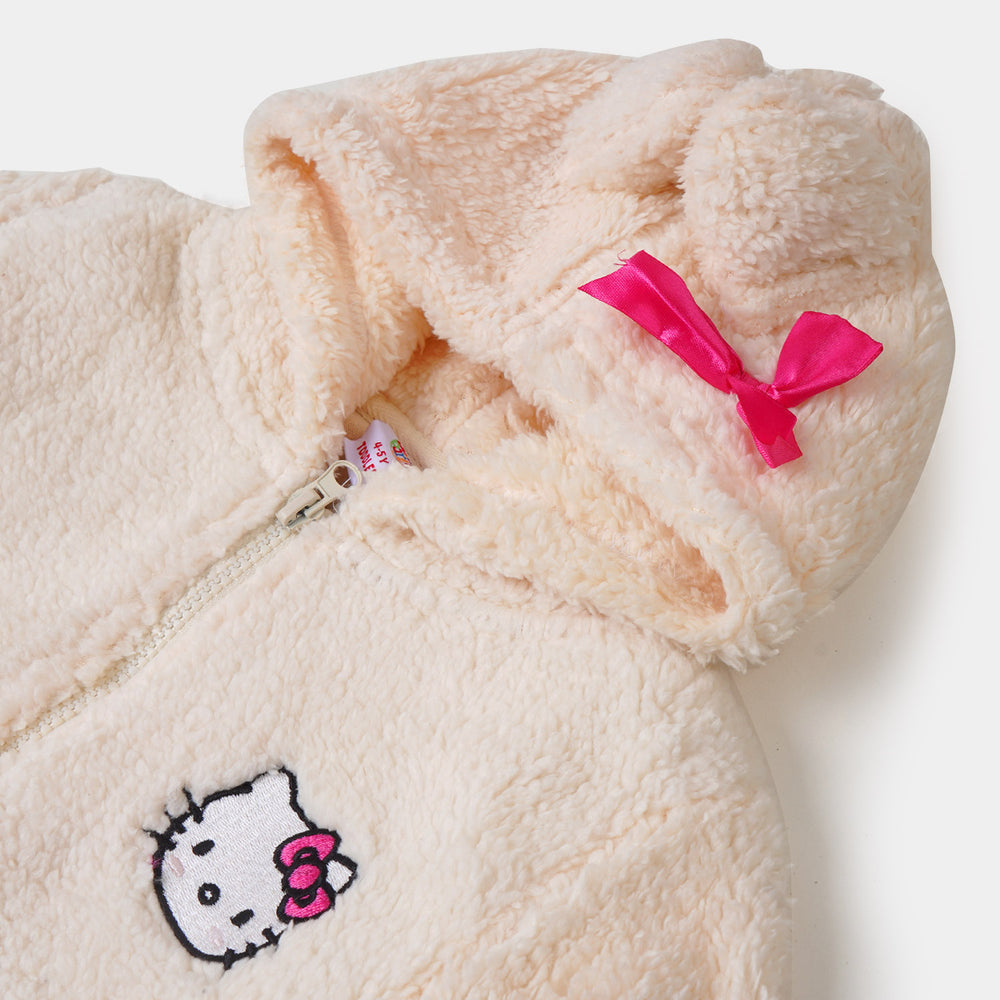 Girls Sherpa Jacket Cartoon Face Print - White Pink