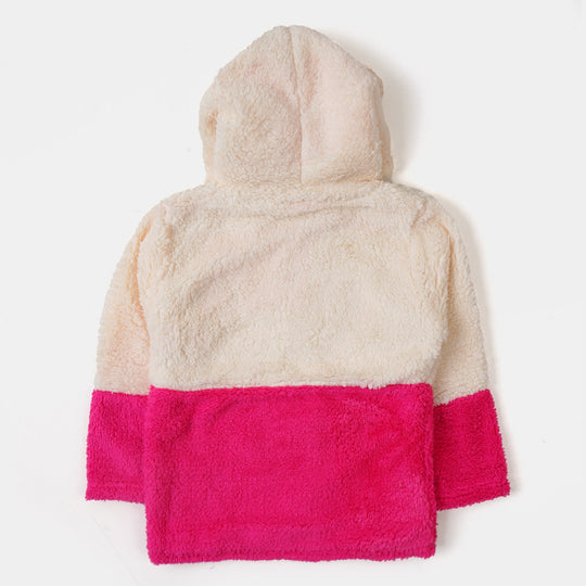 Girls Sherpa Jacket Cartoon Face Print - White Pink