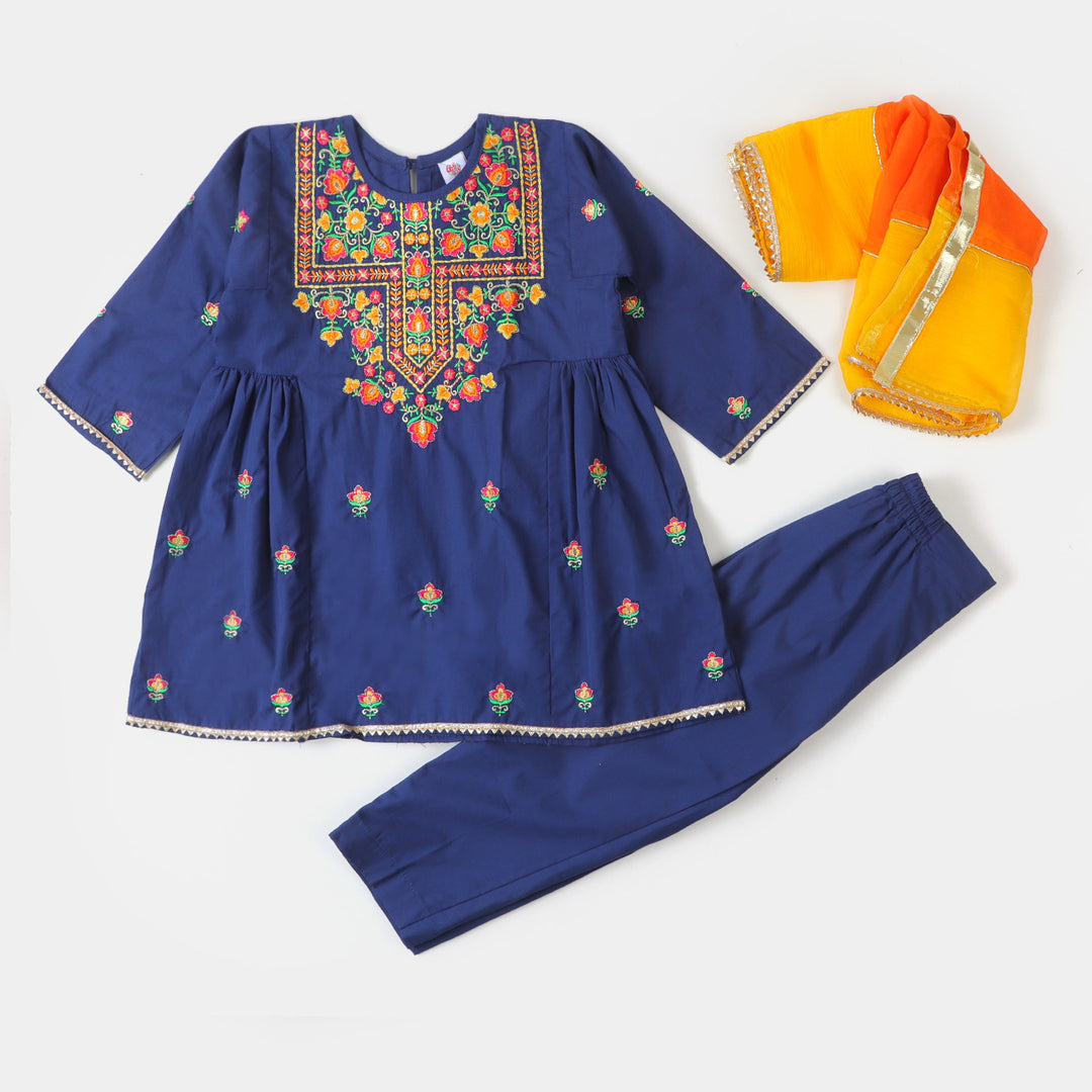 Girls 3 Pcs Fancy Phulkari S2-NAVY