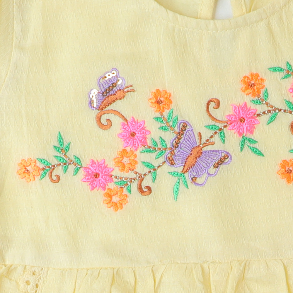 Girls Jacquard Embroidered Top Sequins Butterfly - Light Yellow