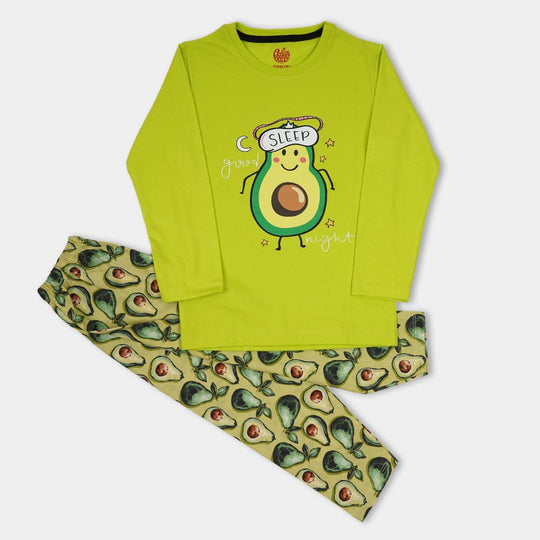 Girls Knitted Night Suit Good Night - Lime