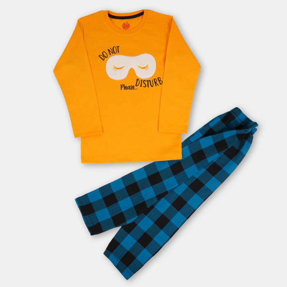 Girls Knitted Night Suit Do Not Disturb - Citrus/Blue Check