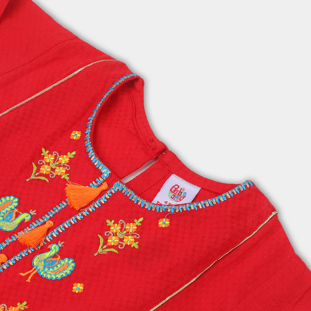 Girls Jacquard Embroidered Kurti Peacock In Garden - Red