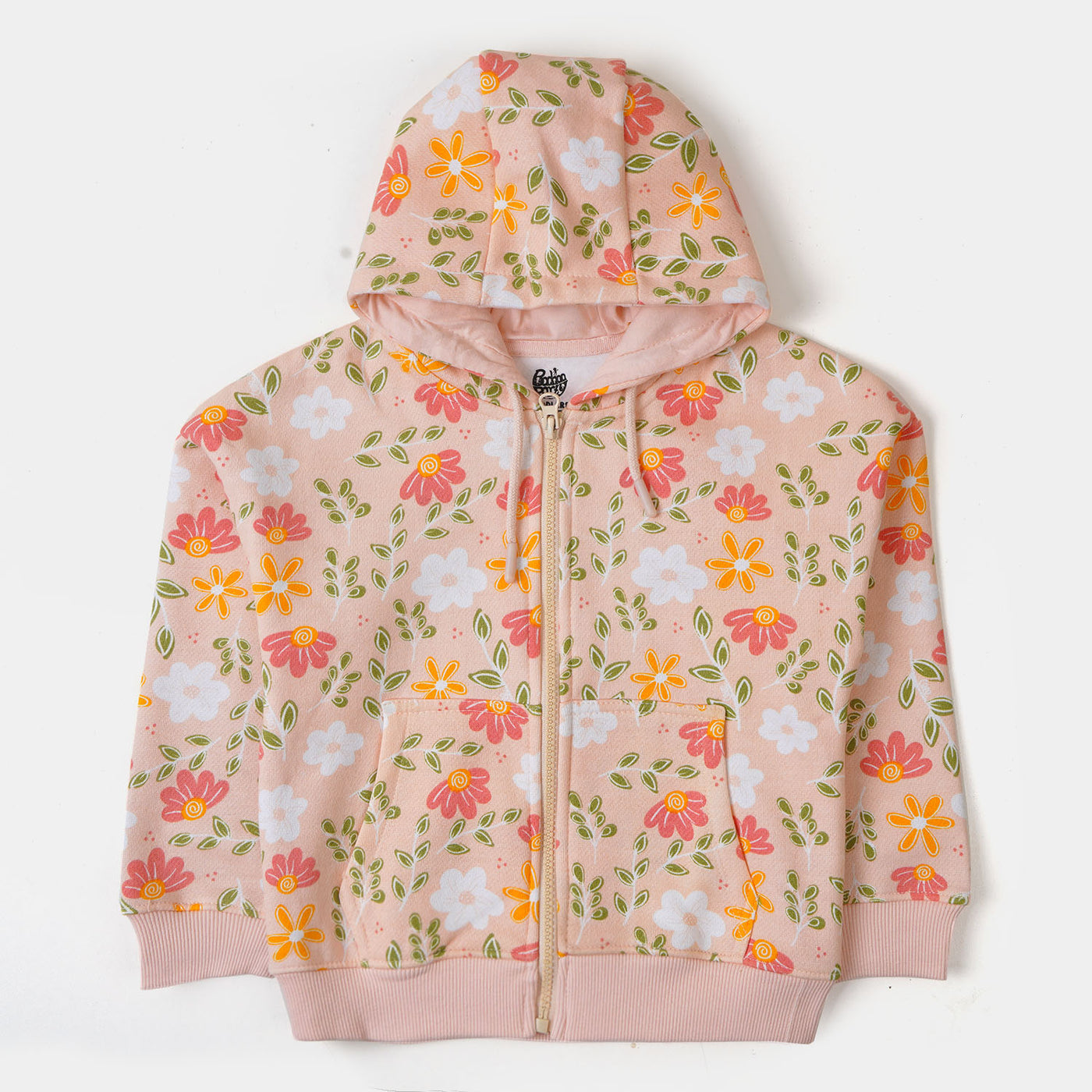 Girls Hooded Jacket Flower Printed - Peach