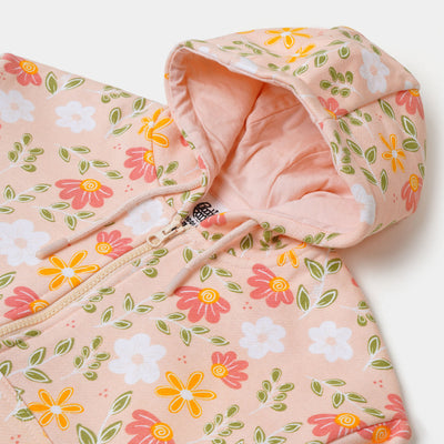 Girls Hooded Jacket Flower Printed - Peach