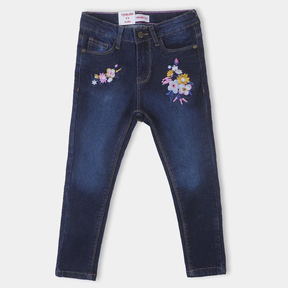 Girls Pant Denim Flower EMB - DARK BLUE