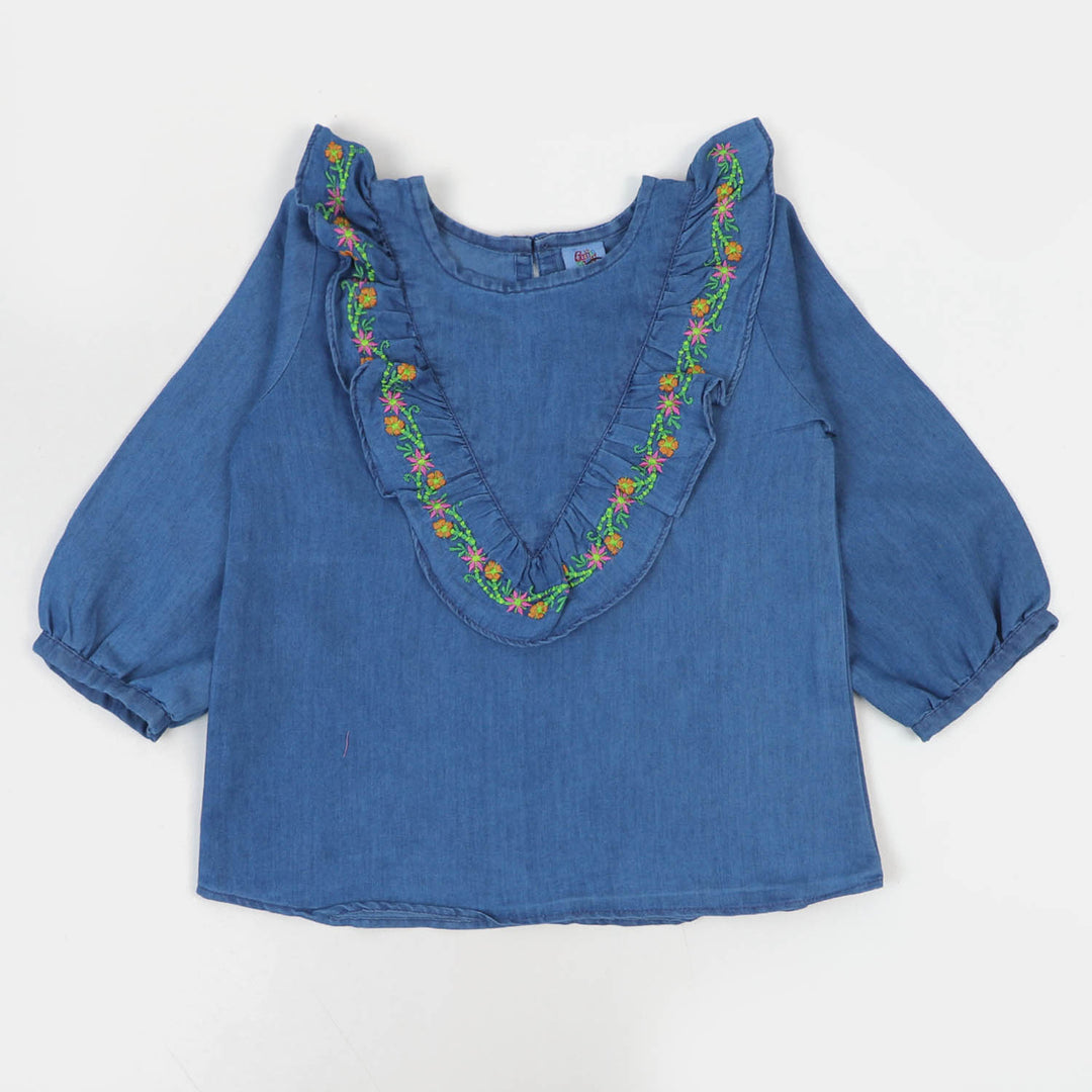 Girls Top Denim Emb - Mid Blue