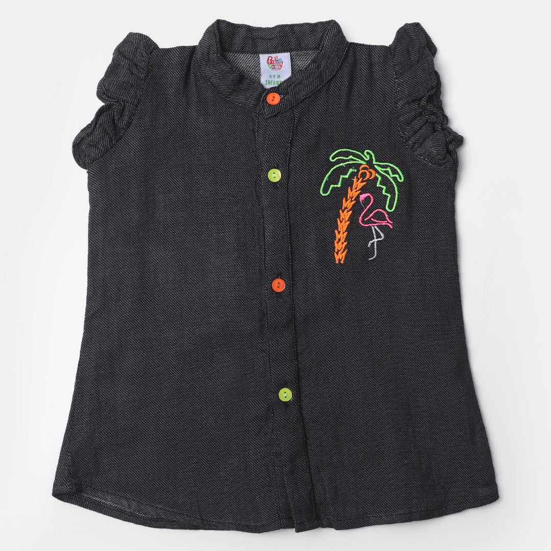 Infant Girls Denim Top EMB Flamingo Tree | BLACK