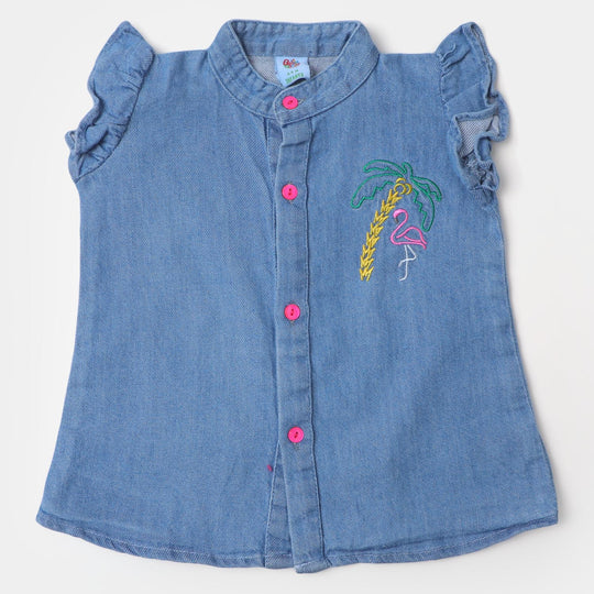 Infant Girls Denim Top EMB Flamingo Tree | Ice Blue