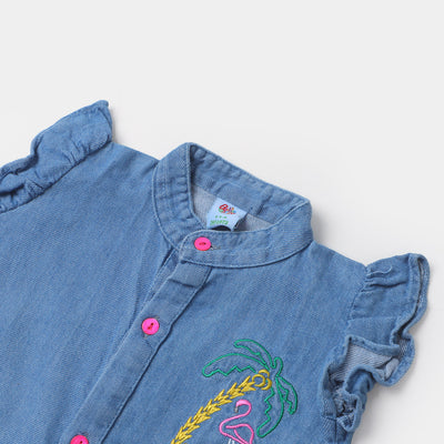 Infant Girls Denim Top EMB Flamingo Tree | Ice Blue