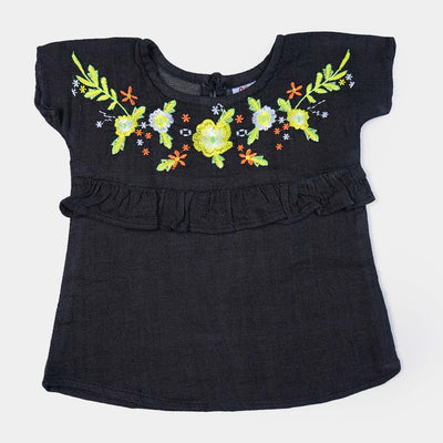 Infant Girls Denim Top EMB Flowers | BLACK