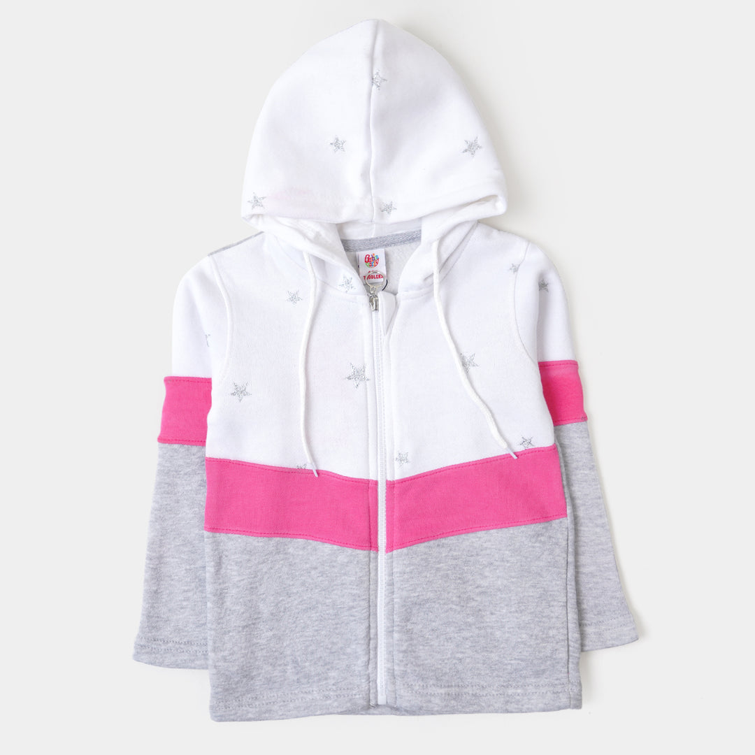 Girls Hooded Knitted Jacket All Over Stars - White/Gray
