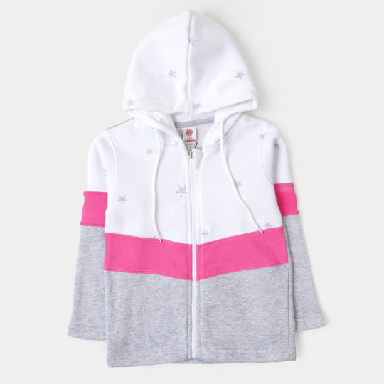 Girls Hooded Knitted Jacket All Over Stars - White/Gray