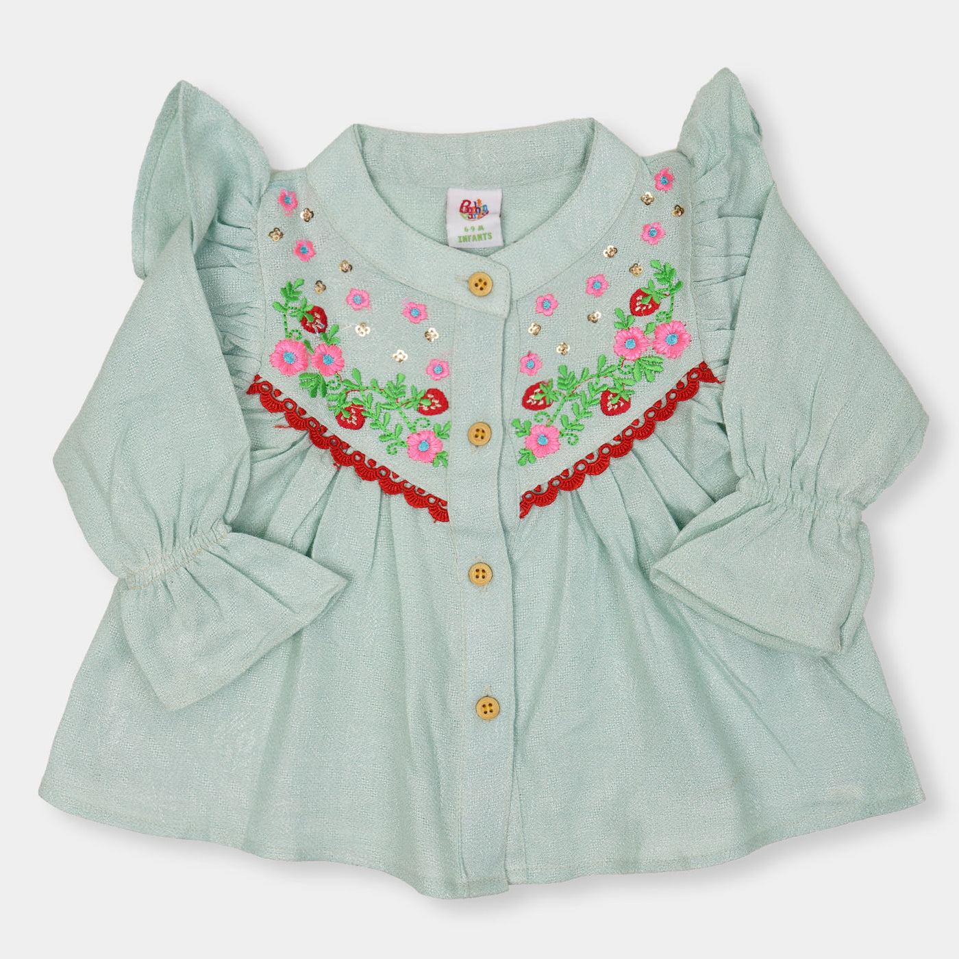 Infant Girls Embroidered Top Strawberry Girl - Mint