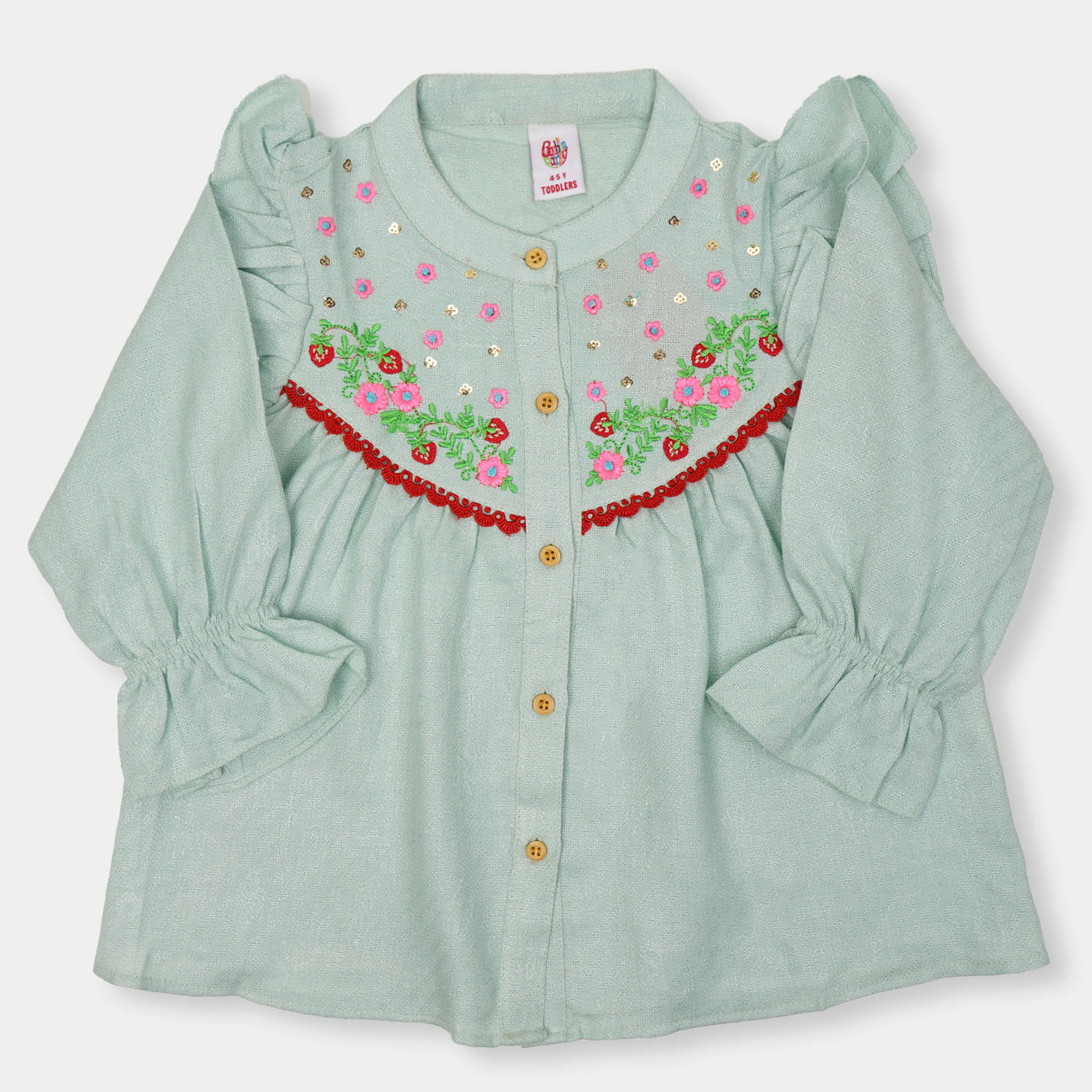 Girls Embroidered Top Strawberry - Mint