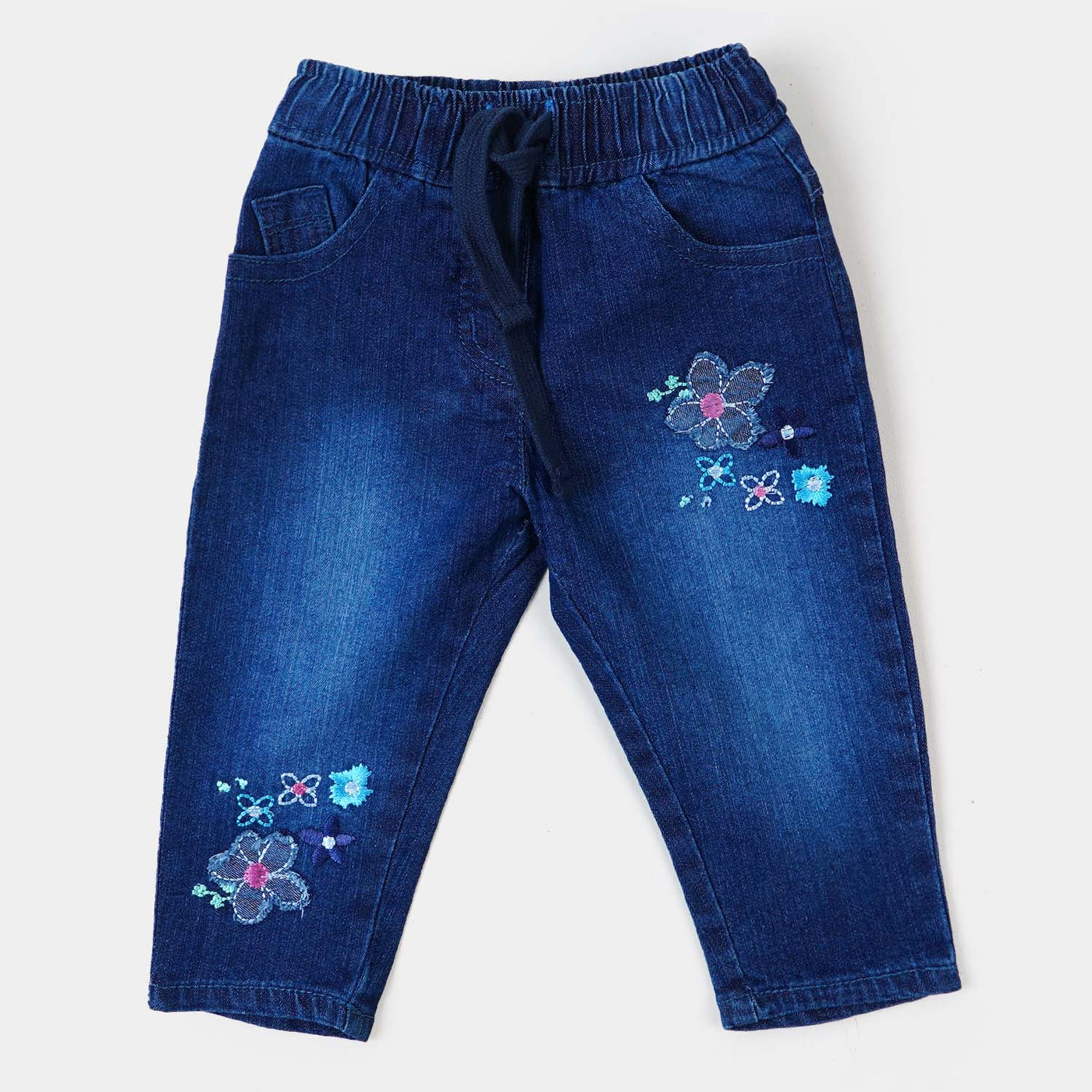 Infant Girls Pant Denim Floral App-Mid Blue