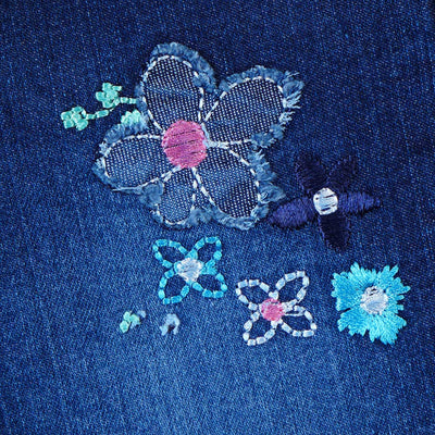 Infant Girls Pant Denim Floral App-Mid Blue