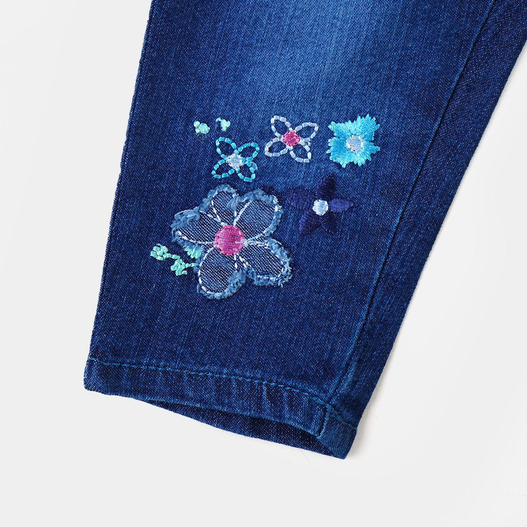 Infant Girls Pant Denim Floral App-Mid Blue