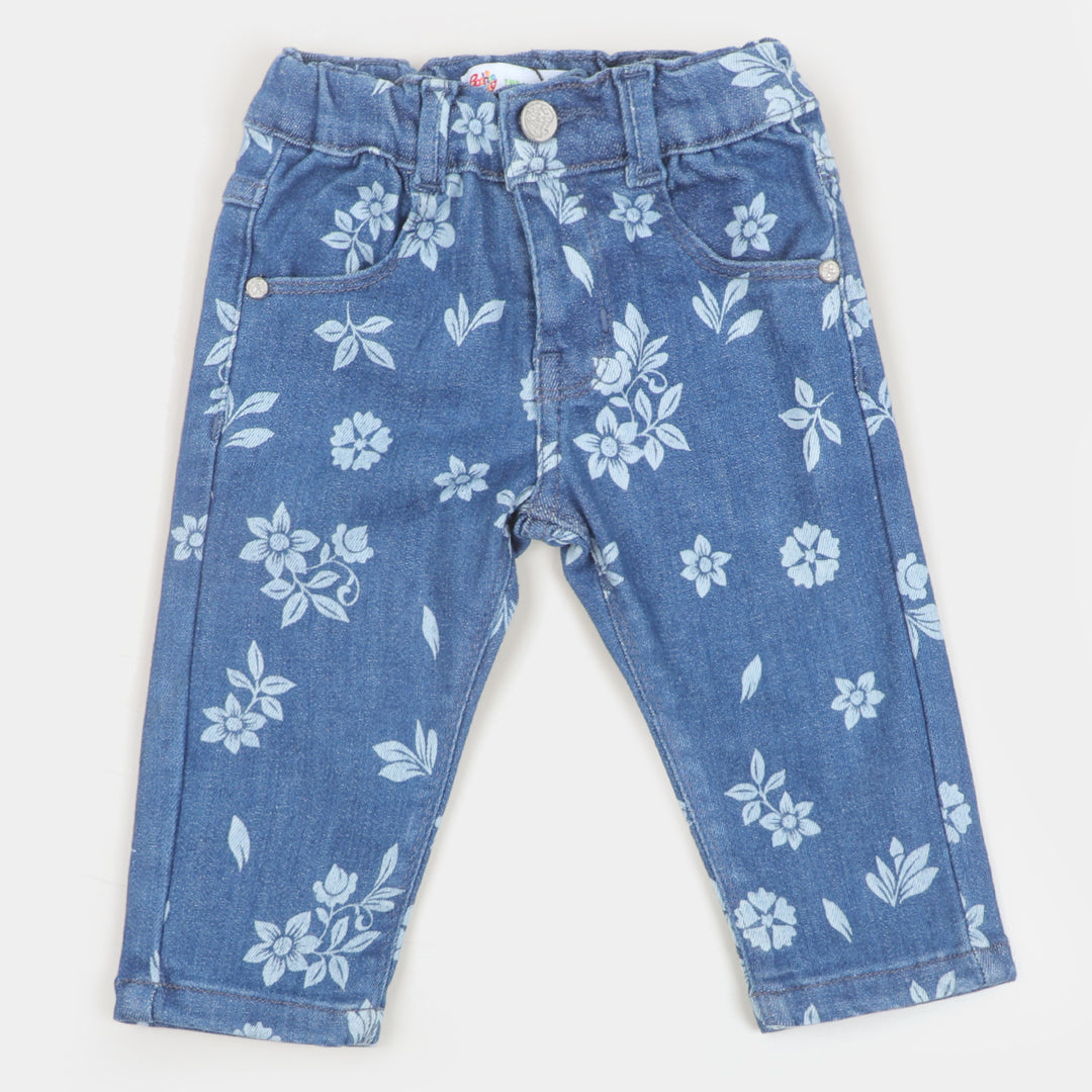 Infant Girls Pant Denim Floral - Mid Blue